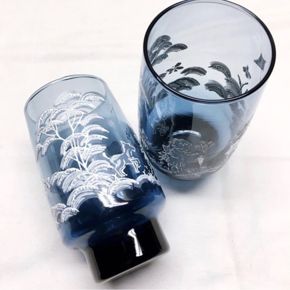SET OF 18 Blue Mary Gregory Vintage Glass Tumblers